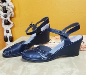 NEW! VTG 1940s Rothschilds Navy Blue Contrast Stitch Peeptoe Wedge Heels SZ 8.5 - Picture 1 of 7