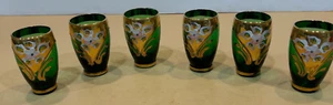6 Emerald Green Hand Painted Blown Murano 24k Gold Shot Glasses - Picture 1 of 6