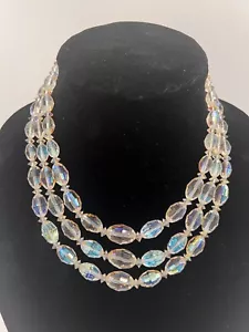 Clear Barrel Oval Lucite Rainbow Crystal Brass Triple Strand Necklace Vintage - Picture 1 of 9