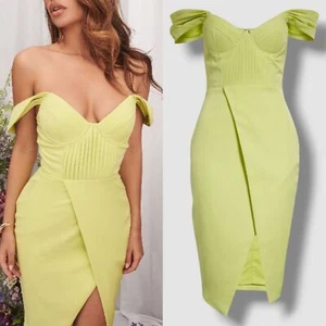 NEW LAVISH ALICE Lime Green OFF THE SHOULDER Pleated Detail BODICE Bardot DRESS - Picture 1 of 23