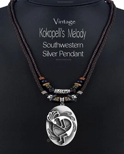 Vintage Kokopelli Antique Silver Pendant Necklace Tribal Leather Men's Jewelry - Picture 1 of 17