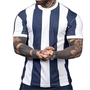 Men's Casual Slim Fit Round Neck Short Sleeve T-shirt in Light and Dark Blue Str - Picture 1 of 23