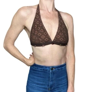 Vintage Y2K La Blanca By Rod Beattie Brown Crochet Beaded Bikini Top - Picture 1 of 7