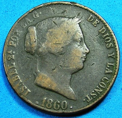 Spain 25 Centimos de Real Copper Coin 1860, Isabel II KM-615.2, Combined S/H - Image 1 of 2