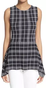 Theory Peplum Knit Top Size Petite Navy Black White Kalora Sleeveless Fitted - Picture 1 of 11
