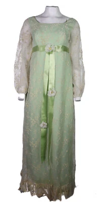 Vintage 60s Women’s Small Green Floral Daisy Print Long Maxi Dress Sheer Sleeves - Image 1 of 4