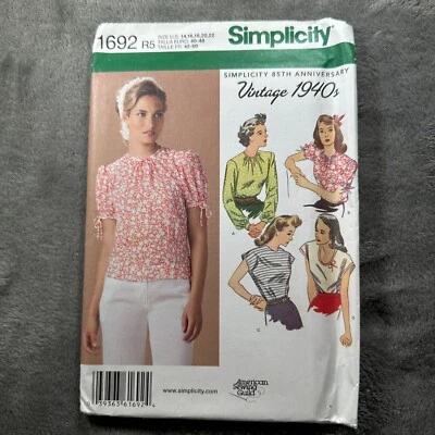 Simplicity 1692 Vintage 1940s Blouse Sewing Pattern UNCUT Misses Tops Size 14-22 - Image 1 of 4