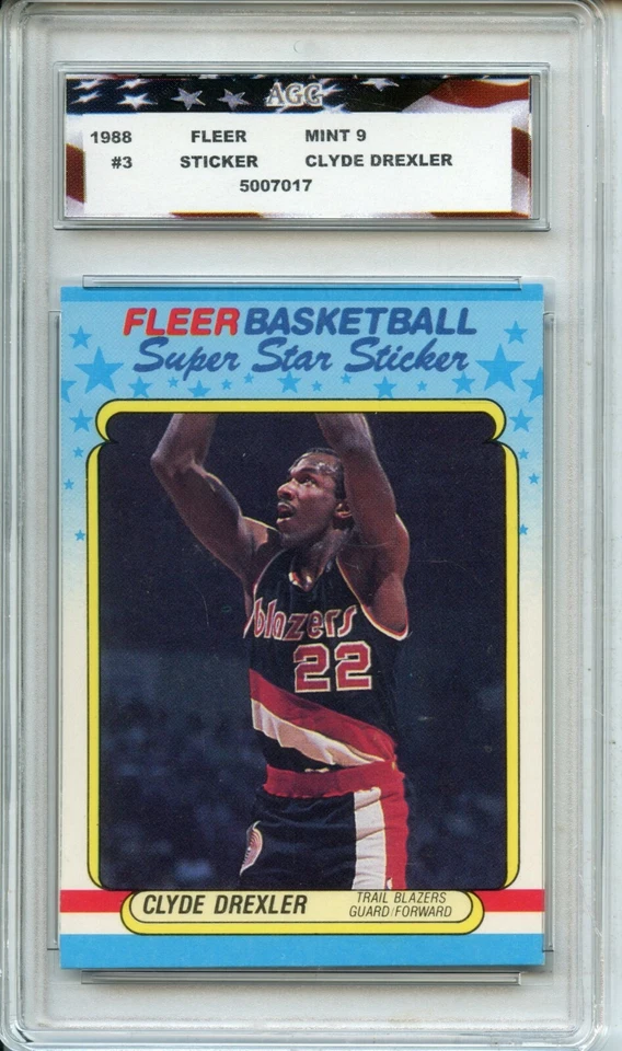 1988 Fleer Basketball Sticker #3 Clyde Drexler AGC 9 Mint Portland Trailblazers - Image 1 of 2