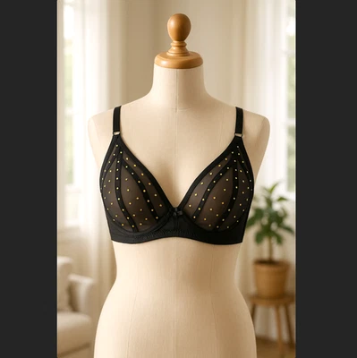 Sujetador con aros Frederick’s of Hollywood 34F 34DDD Rozlyn negro malla dorado tachuelas nuevo con etiquetas Foto 1 de 4