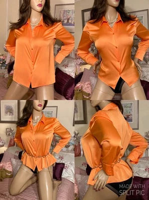 HIGH GLOSS WET LOOK SILKY LIQUID SATIN Sexy Secretary Mistress Governess Blouse - Image 1 of 4