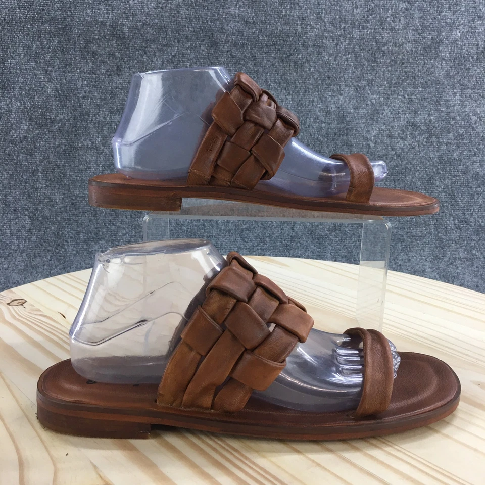 Free People Sandals Womens 41 Slide Brown Leather Woven Strap Open Toe Slip On - Image 1 of 4