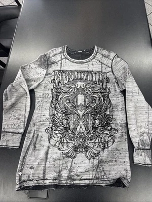 Camisa DE COLECCIÓN Affliction Para Hombres XL Gris Manga Larga Negro Escudo Live Fast America Foto 1 de 4