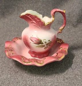 Vintage Schale und Krug Set Rosa mit Rose und Gold Zunft.  - Bild 1 von 7