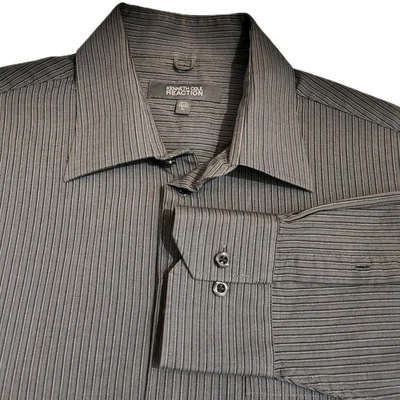 Camisa de vestir Kenneth Cole Reaction abotonada para hombre grande gris negro rayas talla Lg Foto 1 de 4
