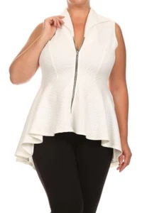 Plus Size White Quilted Sleeveless Ruffled Hi Low Peplum Top Vest Blouse 2X 2XL - Picture 1 of 6