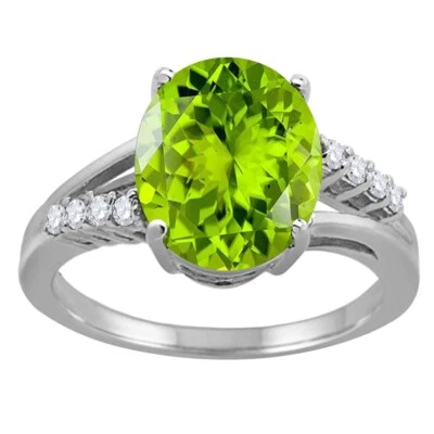 3.30 Carat Peridot and Natural Diamond Ring in 10K Gold For Woman Best Gift - Image 1 of 4