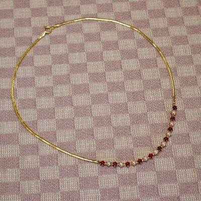 NEW 14K YELLOW GOLD NATURAL MINED RUBY & PEARL COLLAR NECKLACE (14.5 inch) - Image 1 of 4