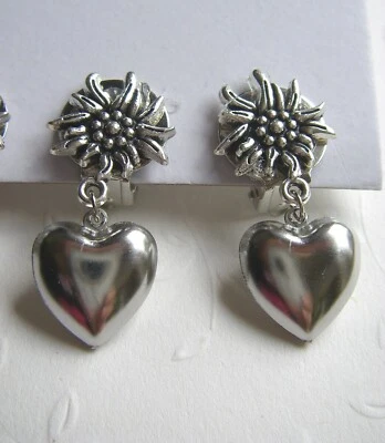 Oktoberfest Ohr-Clip Edelweiß Herzen (Ohne Loch) Trachten-Ohrringe Wiesen Wasen - Bild 1 von 4