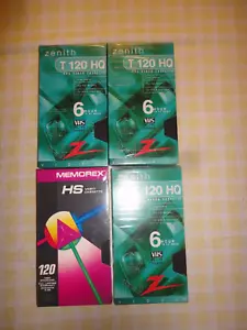4 videocassette VHS vuote T-120 120 min. Videoregistratore camper - Nuovo sigillato 3 Zenith, 1 Memorex - Foto 1 di 5