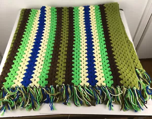 Vtg 50x60 Crocheted Acrylic Afghan Throw Green Blue Brown Cream Stripes w Fringe - Picture 1 of 5