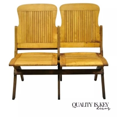 Antique Vintage Wood Slat Double Folding Theater Seat School Chair Old Bench - Image 1 of 4