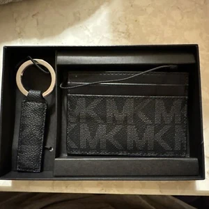 Michael Kors Jet Set Mens Black Slim Leather Credit Card Case & Key FOB NEW - Picture 1 of 3