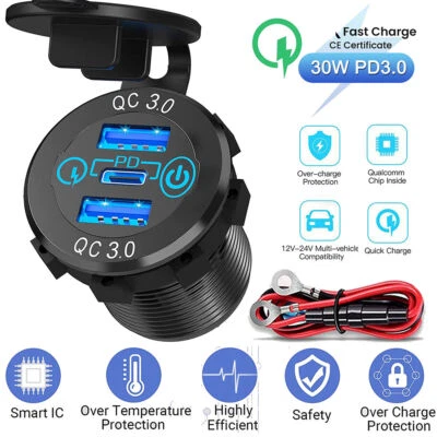 USB C Steckdose 12V PD & QC 3.0 USB Einbau Buchse Wasserdicht KFZ Ladegerät Dose - Bild 1 von 4