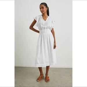 Rails Iona dress midi white lace eyelet linen floaty tie bow cottagecore new M - Picture 1 of 6