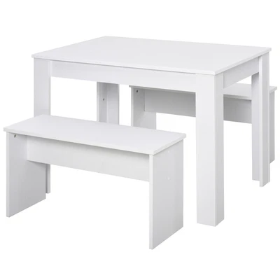 White Particle Board Dining Set 3-Piece Table+Benches 110x70x75cm Compact Modern - Image 1 of 4