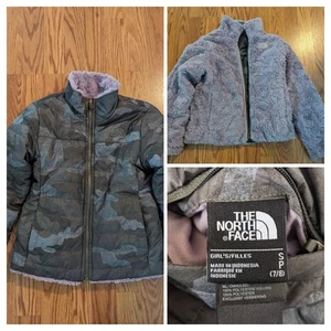 The North Face Girls Camo Reversible Mossbud Swirl Jacket purple soft fur S 7/8 - Picture 1 of 9