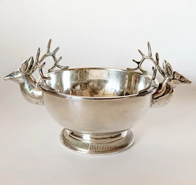 "Cuenco decorativo vintage plateado pedestal cabeza de ciervo ciervo alce decoración de 13"""  Foto 1 de 4