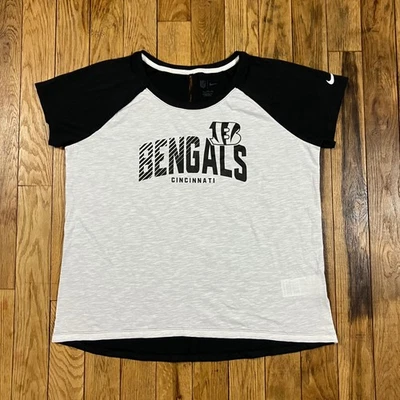 耐克 NFL 辛辛那提孟加拉虎队 Raglan T 恤女式 XXL 黑色白色 NFL 盾牌 — 第 1/4 张图片