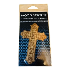 Wood Sticker Real Wood Lasercut Engraved Cross Decal Darker - Bild 1 von 2