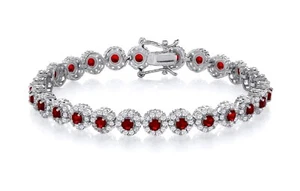 Sterling Silver 925 simulated RUBY & CZ Halo Cluster 7.5" Ladies Tennis Bracelet - Picture 1 of 6