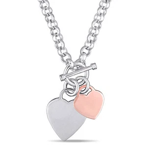 Amour 2-Tone White and Rose Plated Sterling Silver Double Heart Charm Necklace - Picture 1 of 5