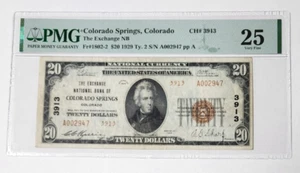 1929 $20 THE EXCHANGE NTL BANK OF COLORADO SPRINGS, CO TY2 PMG 25 SN #A002947N - Picture 1 of 2