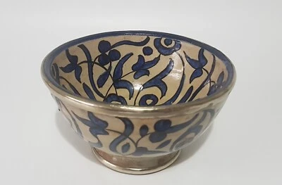 Antique Old Vintage Hand Painted Moroccan Pottery Bowl Silver Metal Rim - Signed - Image 1 of 4