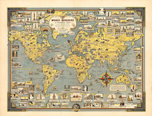 World Wonders a Pictorial Map 1939 HUGE!