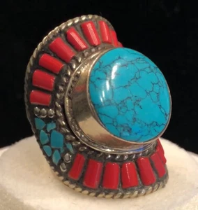 Tibetan White Metal Copper inlaid Turquoise, Coral Resin Size 8-3/4 - Picture 1 of 5