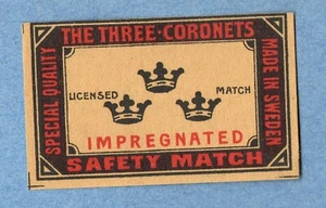 MATCHBOX LABELS SWEDEN- The Three Coronets,  export  - **mint - Picture 1 of 1