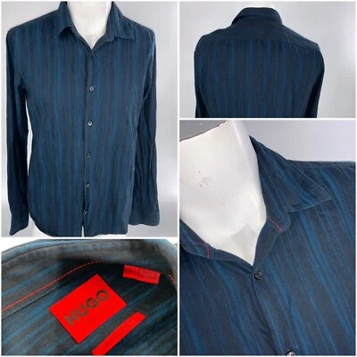 Camisa con botones Hugo Boss para hombre L azul a rayas algodón hecha en Turquía YGI F3-246 Foto 1 de 4