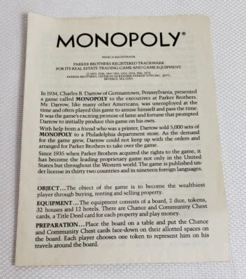 Folleto de reglas manual de instrucciones de reemplazo de juego Monopoly clásico vintage Foto 1 de 3