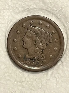 1854 Large One Cent 1854 Braided Hair Nice type 1c NO RESERVE! + $1.00 SHIPPING! - Picture 1 of 2