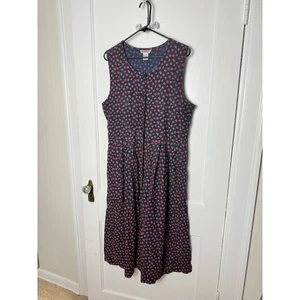 Vintage 90s FADS Jumper Dress Women's 12 Midi Navy Blue Sleeveless Floral - Picture 1 of 8