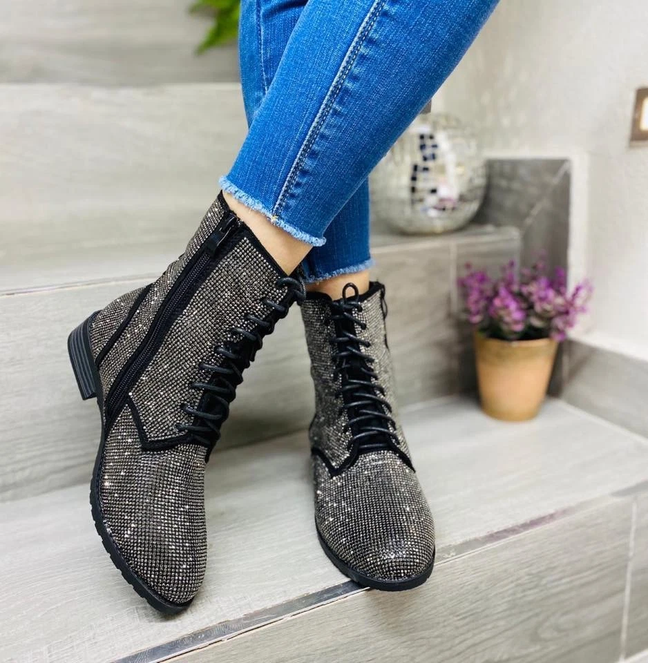 Новые женские блестящий со стразами на шнуровке боя военного Moto ботинок молнии - Изображение 1 из 1