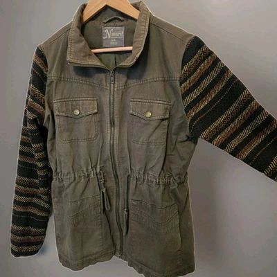 Y2k Boho Natural Reflections Olive Green Utilty Jacket L Sweater Sleeves Grunge - Image 1 of 4