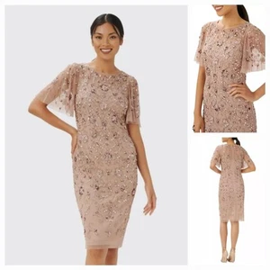 New Adrianna Papell Wm (10) Rose Gold Sequin/Beaded Flutter Sleeve Sheath Dress - Picture 1 of 19