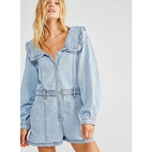 Free People Something Sweet Denim Romper Light Blue Button Front Long Sleeve XL - Picture 1 of 7