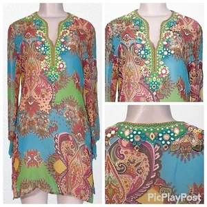 Anthropologie Ranna Gill 100% Silk Beaded Mirrored SheerTunic Dress SZ XL - Picture 1 of 9