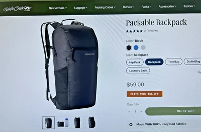 $59 Novo com etiquetas EAGLE CREEK Preto MOCHILA EMBALÁVEL 13L Capacidade VIAGEM ULTRALEVE - Imagem 1 de 4